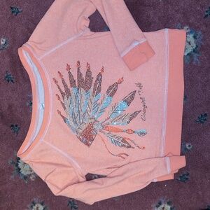 Cowgirl Tuff Peach Sweatshirt with Native American head dress in sparkly stones